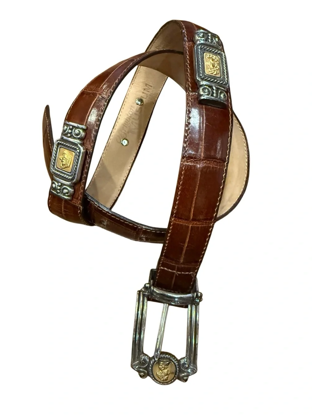 90s Vintage Brighton Museum Croc Embossed Leather Coins Brass Belt Size Medium